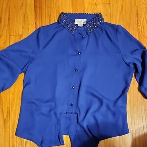 Chic Blue Button-Down Shirt with Embellished Collar